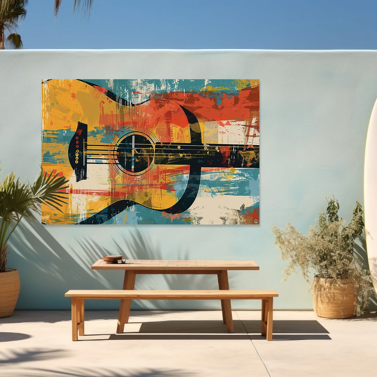 Abstracte gitaar in levendige kleuren tuinposter