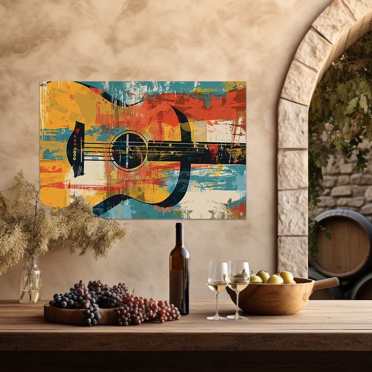 Abstracte gitaar in levendige kleuren tuinposter