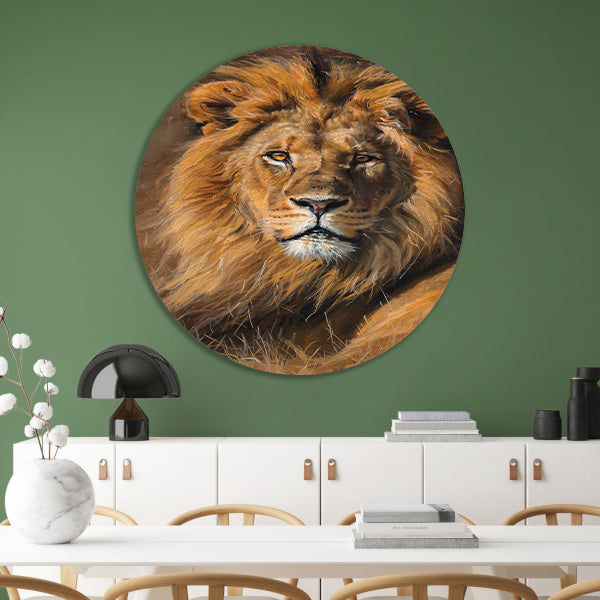Majestueuze leeuw in het wild schilderij aluminium muurcirkel