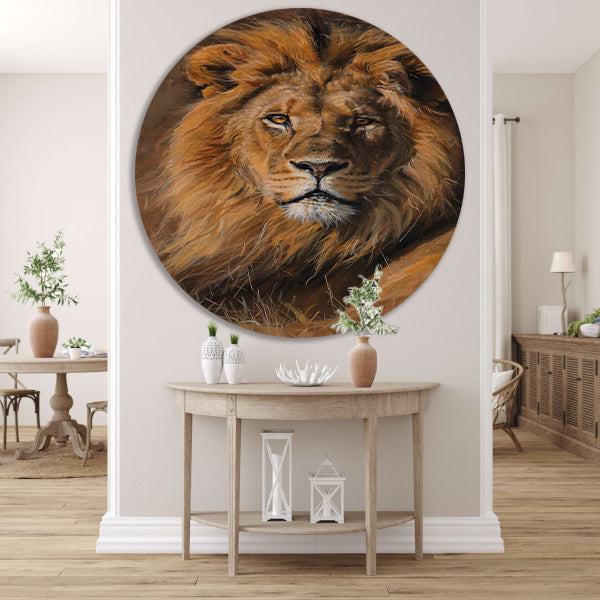 Majestueuze leeuw in het wild schilderij aluminium muurcirkel