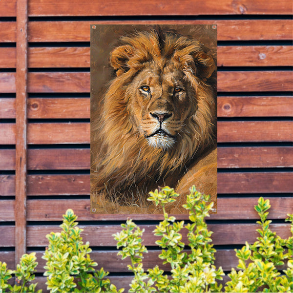 Majestueuze leeuw in het wild schilderij tuinposter