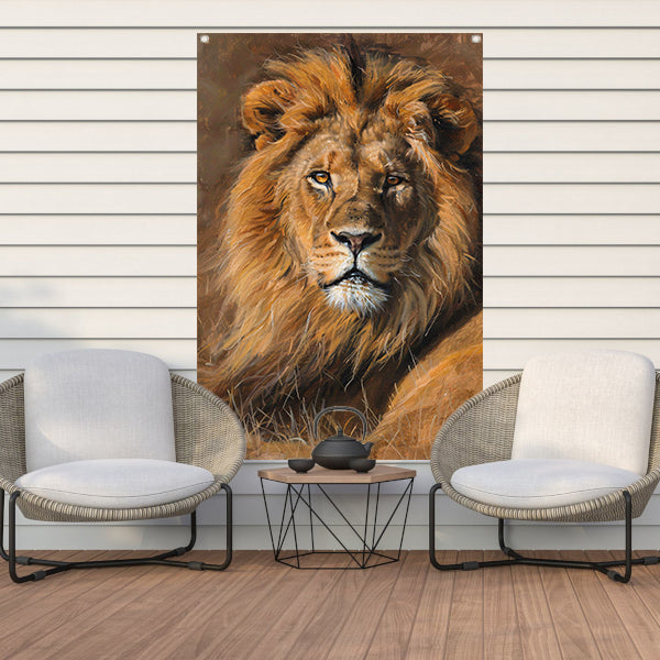 Majestueuze leeuw in het wild schilderij tuinposter
