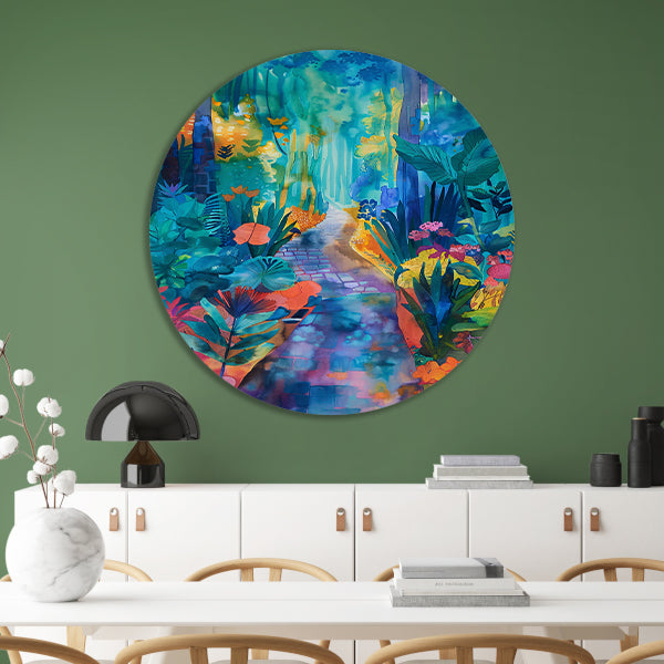 Kleurrijke aquarel van een zomerlandschap aluminium muurcirkel