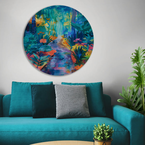 Kleurrijke aquarel van een zomerlandschap aluminium muurcirkel