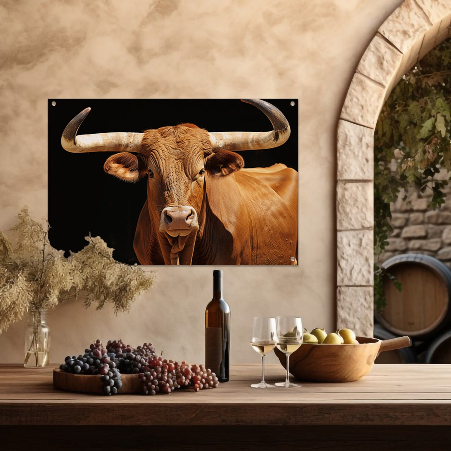 Majestueuze stier met indrukwekkende hoorns tuinposter