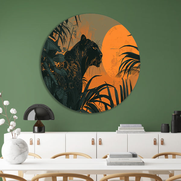 Panter in jungle bij zonsondergang schilderij aluminium muurcirkel