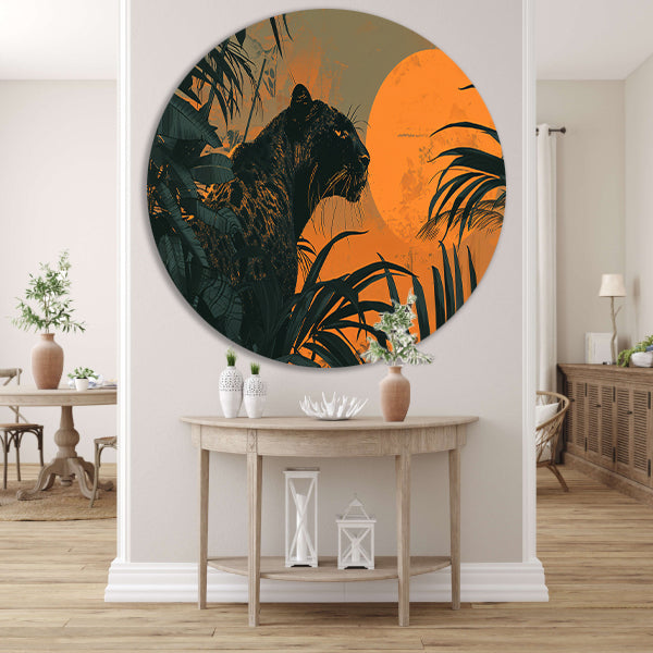 Panter in jungle bij zonsondergang schilderij aluminium muurcirkel
