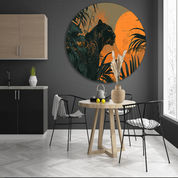 Panter in jungle bij zonsondergang schilderij aluminium muurcirkel