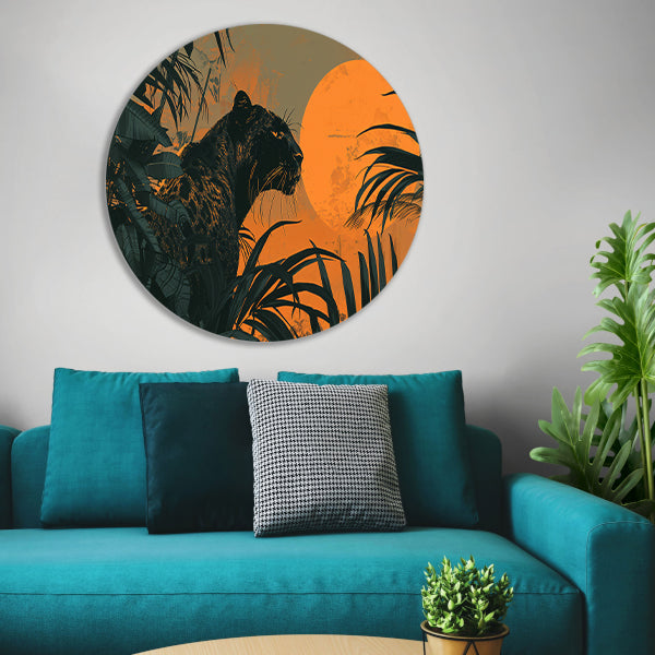Panter in jungle bij zonsondergang schilderij aluminium muurcirkel