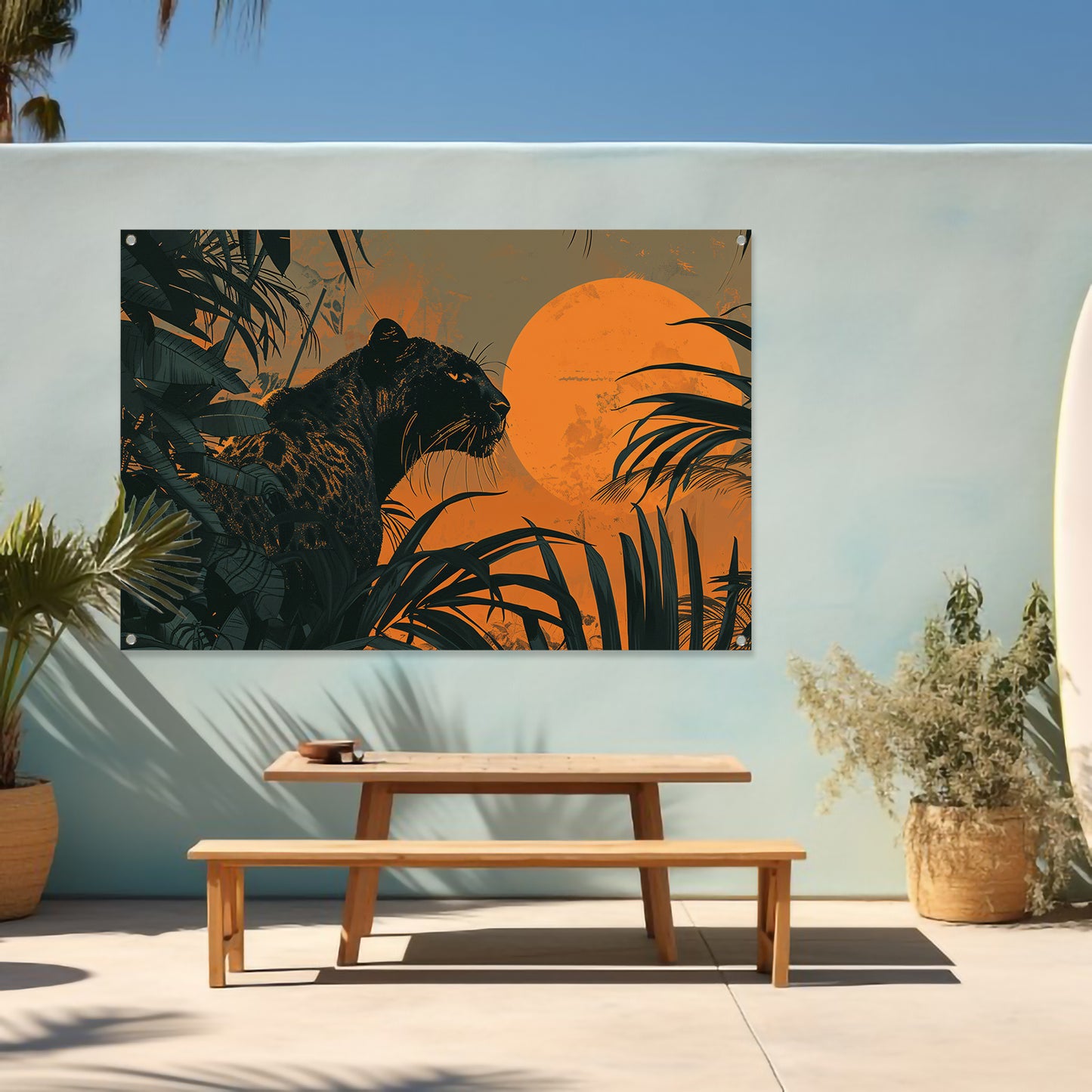 Panter in jungle bij zonsondergang schilderij tuinposter