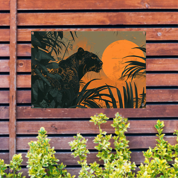 Panter in jungle bij zonsondergang schilderij tuinposter
