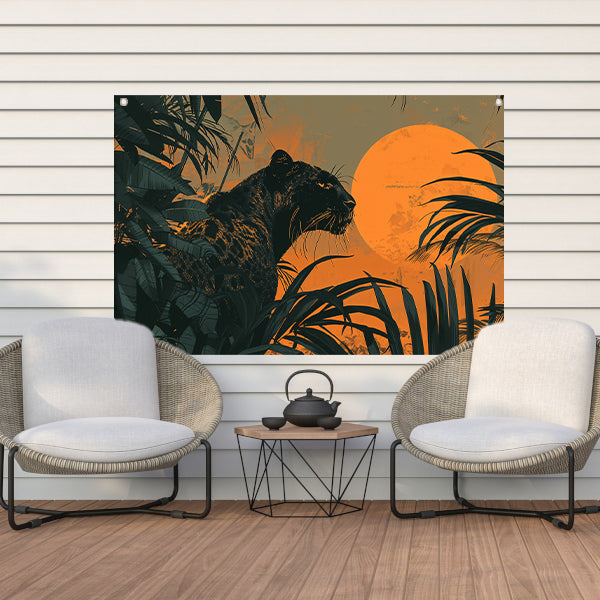 Panter in jungle bij zonsondergang schilderij tuinposter