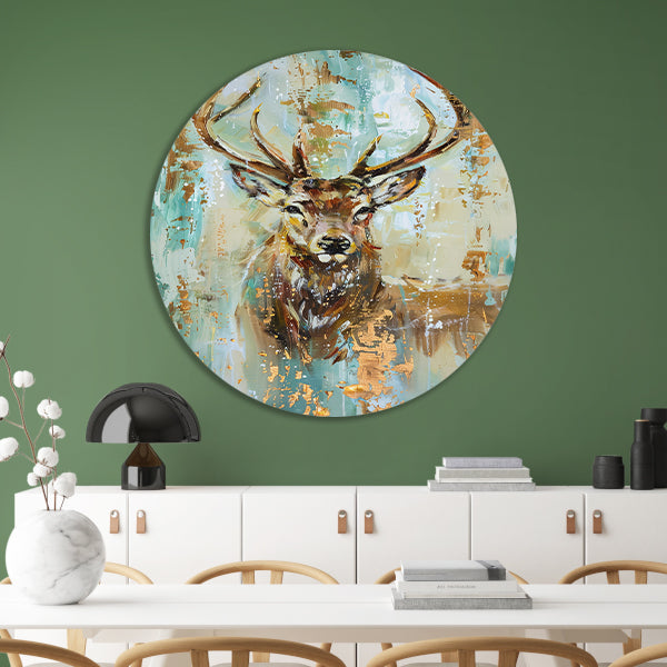 Abstract hertenschilderij met gouden accenten aluminium muurcirkel