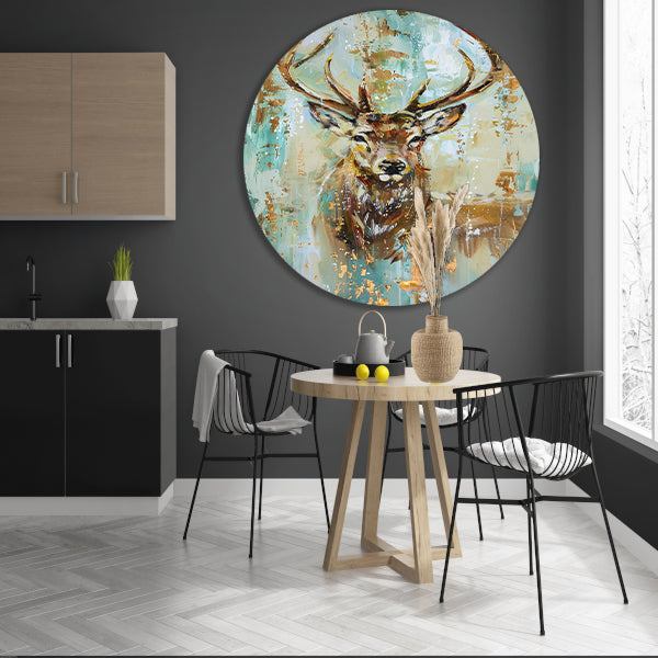 Abstract hertenschilderij met gouden accenten aluminium muurcirkel
