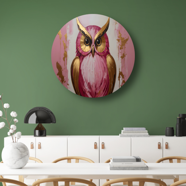 Abstracte gouden en roze uil schilderij aluminium muurcirkel