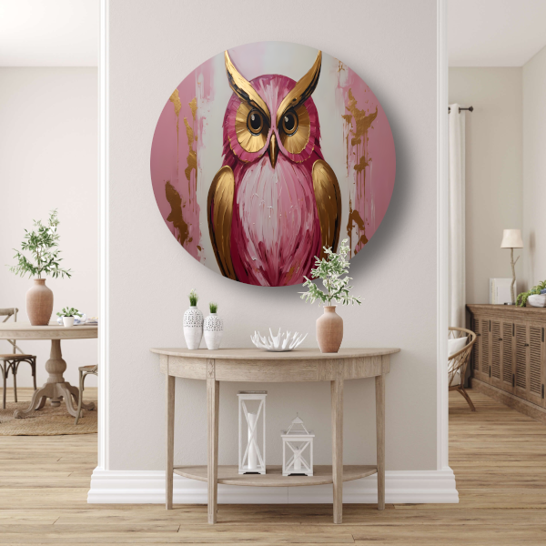 Abstracte gouden en roze uil schilderij aluminium muurcirkel
