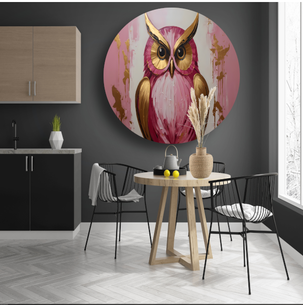 Abstracte gouden en roze uil schilderij aluminium muurcirkel