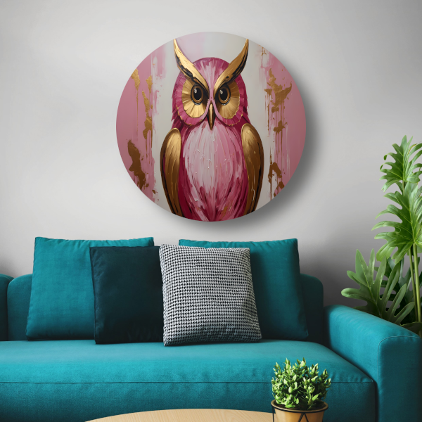 Abstracte gouden en roze uil schilderij aluminium muurcirkel