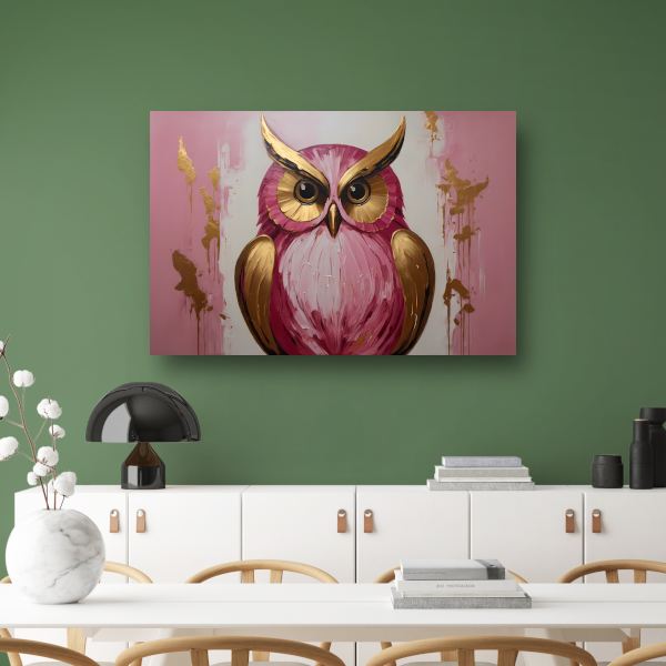 Abstracte gouden en roze uil schilderij poster
