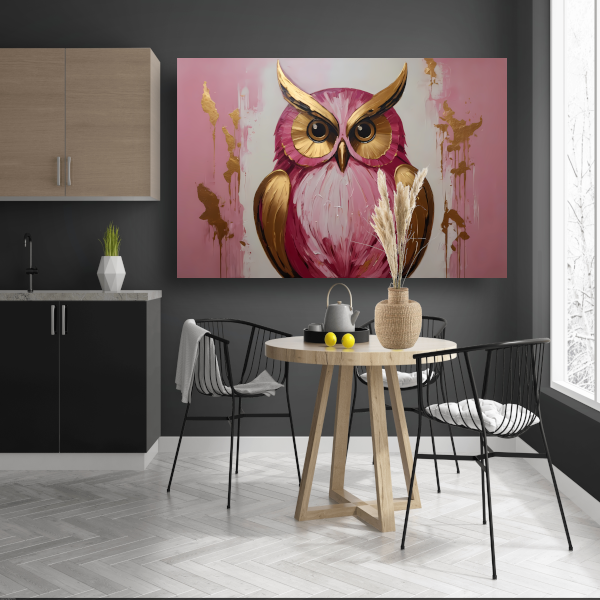 Abstracte gouden en roze uil schilderij poster