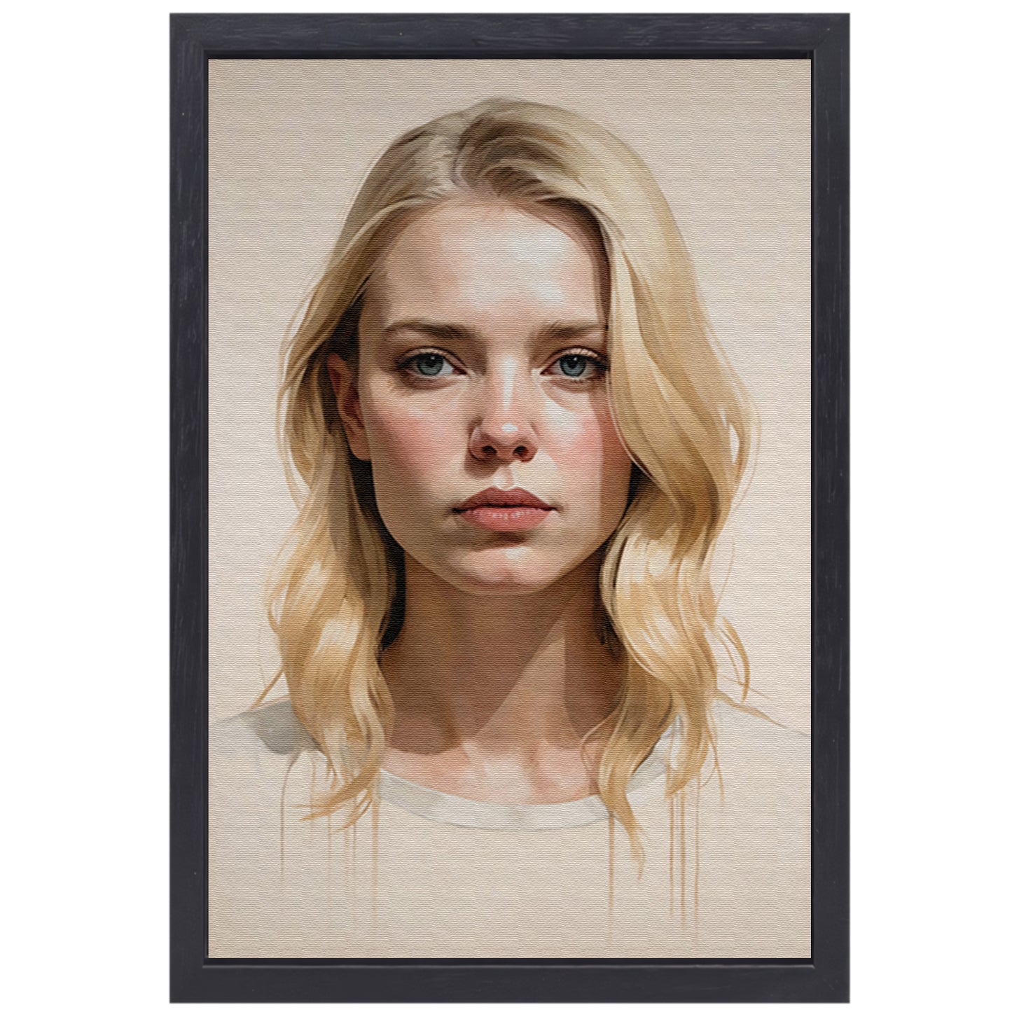 Blondine met serene blik en zacht licht canvas met baklijst