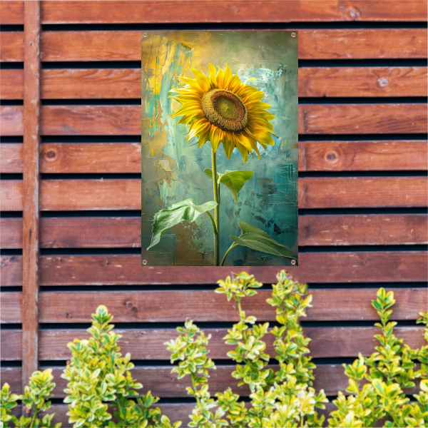 Schilderij van zonnebloem op kleurrijke achtergrond tuinposter
