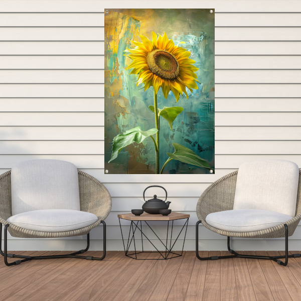 Schilderij van zonnebloem op kleurrijke achtergrond tuinposter