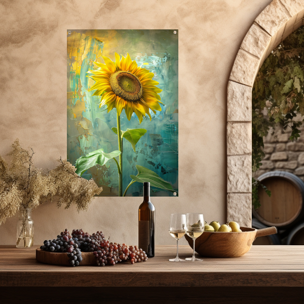 Schilderij van zonnebloem op kleurrijke achtergrond tuinposter