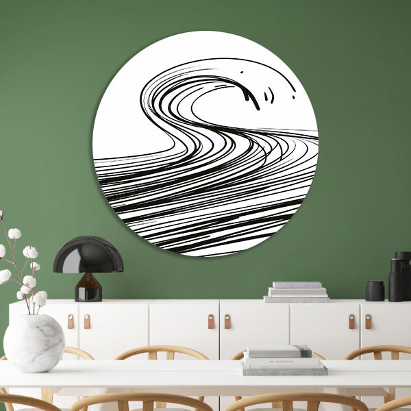 Zwart-wit minimalistische golf lijnkunst aluminium muurcirkel