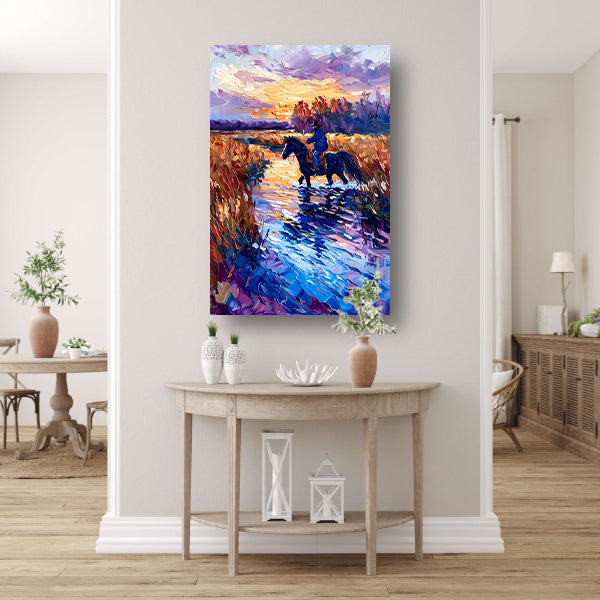 Ruiter op paard bij zonsondergang schilderij poster
