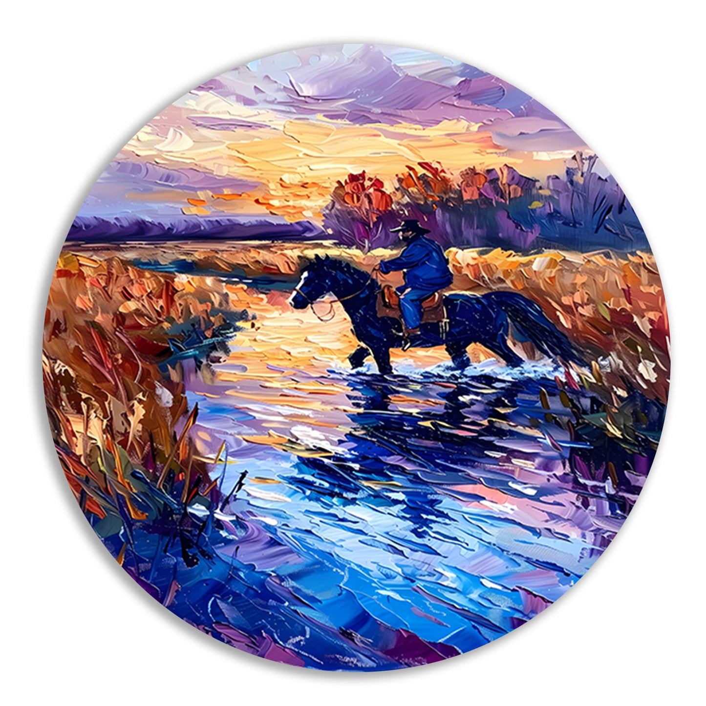 Ruiter op paard bij zonsondergang schilderij aluminium muurcirkel