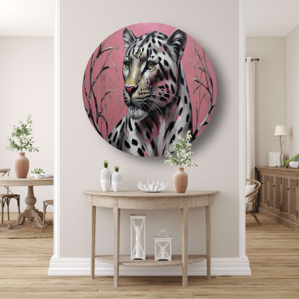 Majestueus Luipaard op Roze Achtergrond aluminium muurcirkel