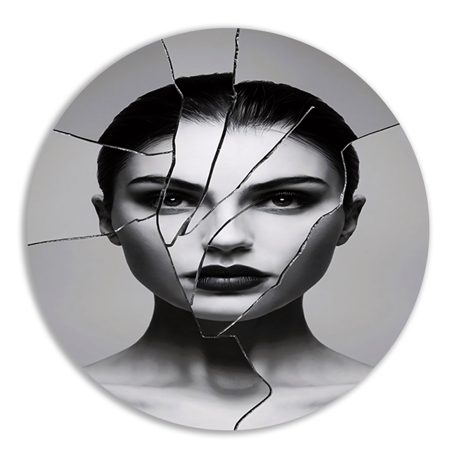 Gebroken gezicht in zwart-witcontrast aluminium muurcirkel
