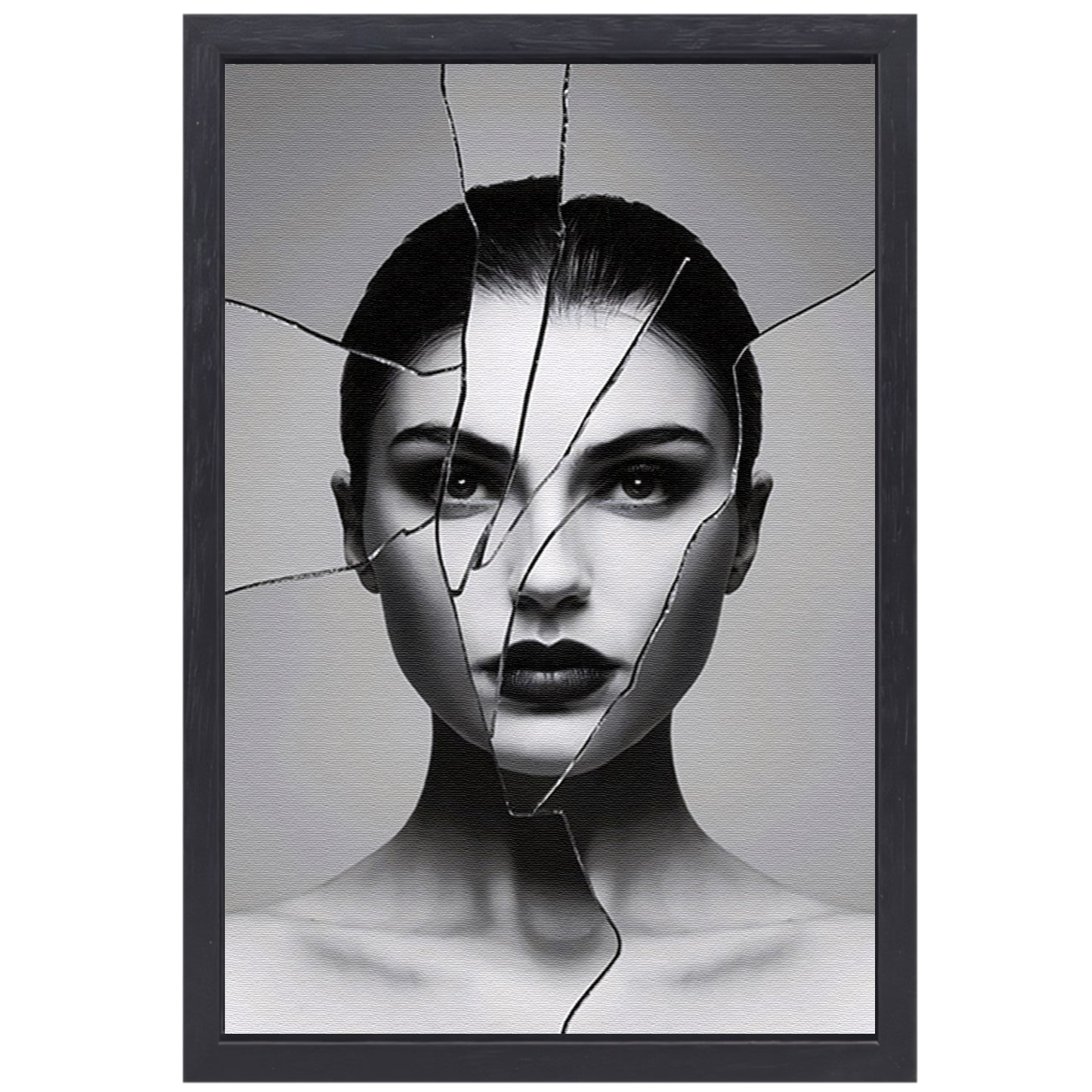 Gebroken gezicht in zwart-witcontrast canvas met baklijst