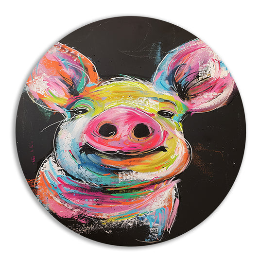 Kleurrijk portret van een vrolijk varken aluminium muurcirkel