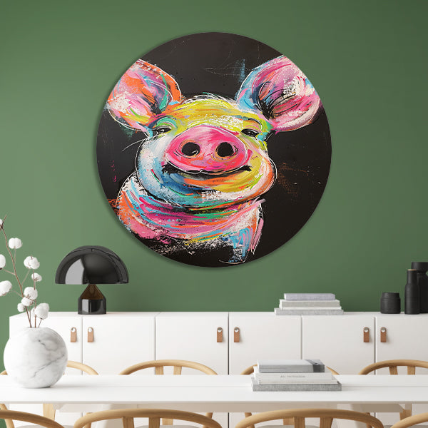Kleurrijk portret van een vrolijk varken aluminium muurcirkel