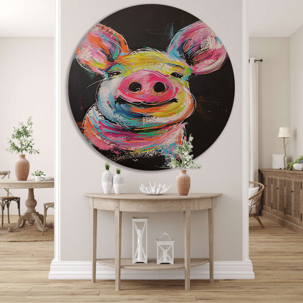 Kleurrijk portret van een vrolijk varken aluminium muurcirkel