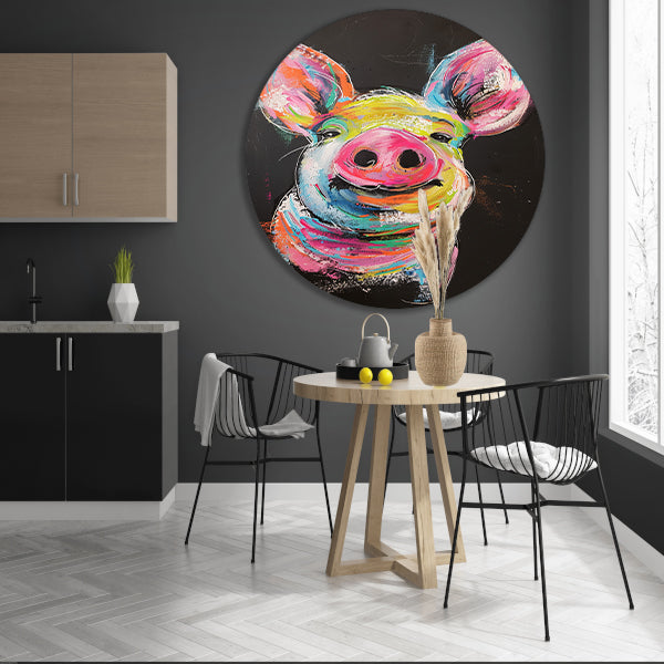 Kleurrijk portret van een vrolijk varken forex muurcirkel