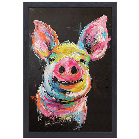 Kleurrijk portret van een vrolijk varken canvas met baklijst