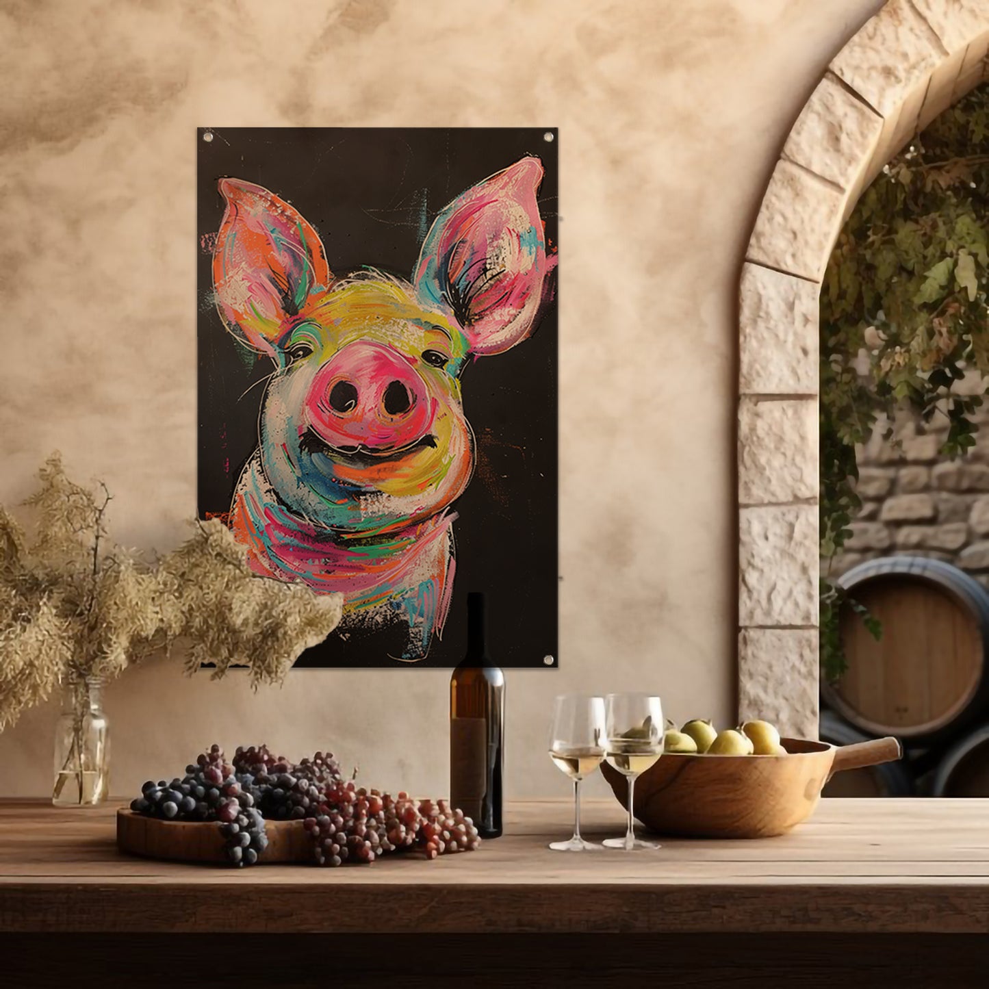 Kleurrijk portret van een vrolijk varken tuinposter