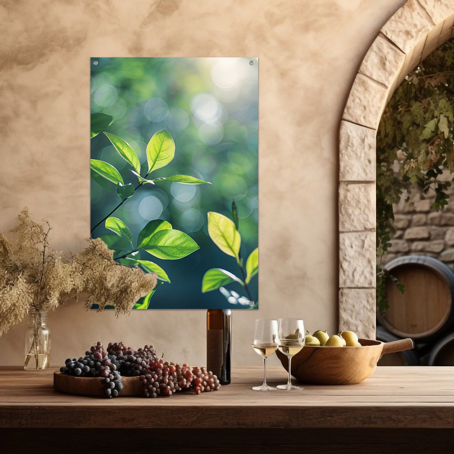 Zonnestralen door groene bladeren in het bos tuinposter
