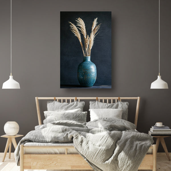 Blauwe vaas met roomkleurig pampasgras tegen donkere achtergrond poster