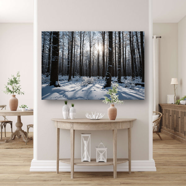 Serene winterbos met besneeuwde bomen poster