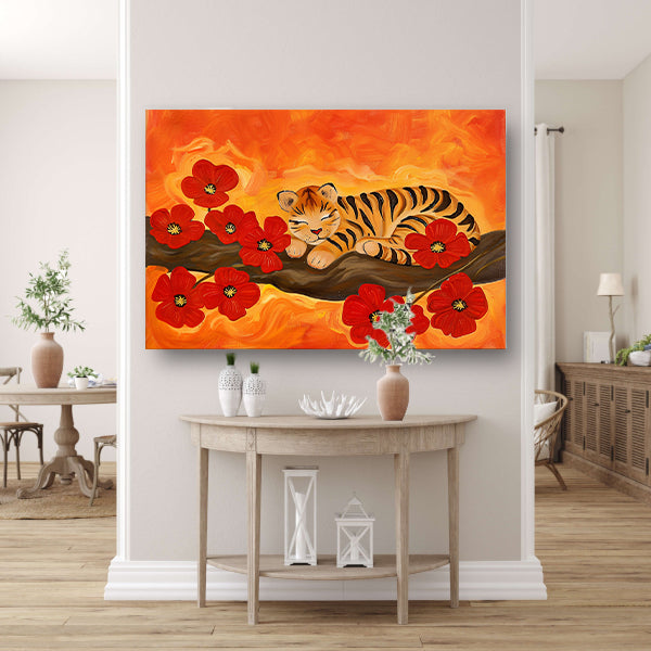 Slapende tijger omringd door rode bloemen canvas