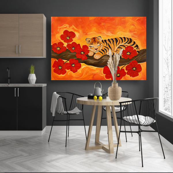 Slapende tijger omringd door rode bloemen canvas