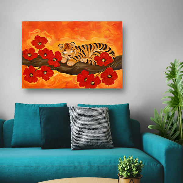 Slapende tijger omringd door rode bloemen canvas