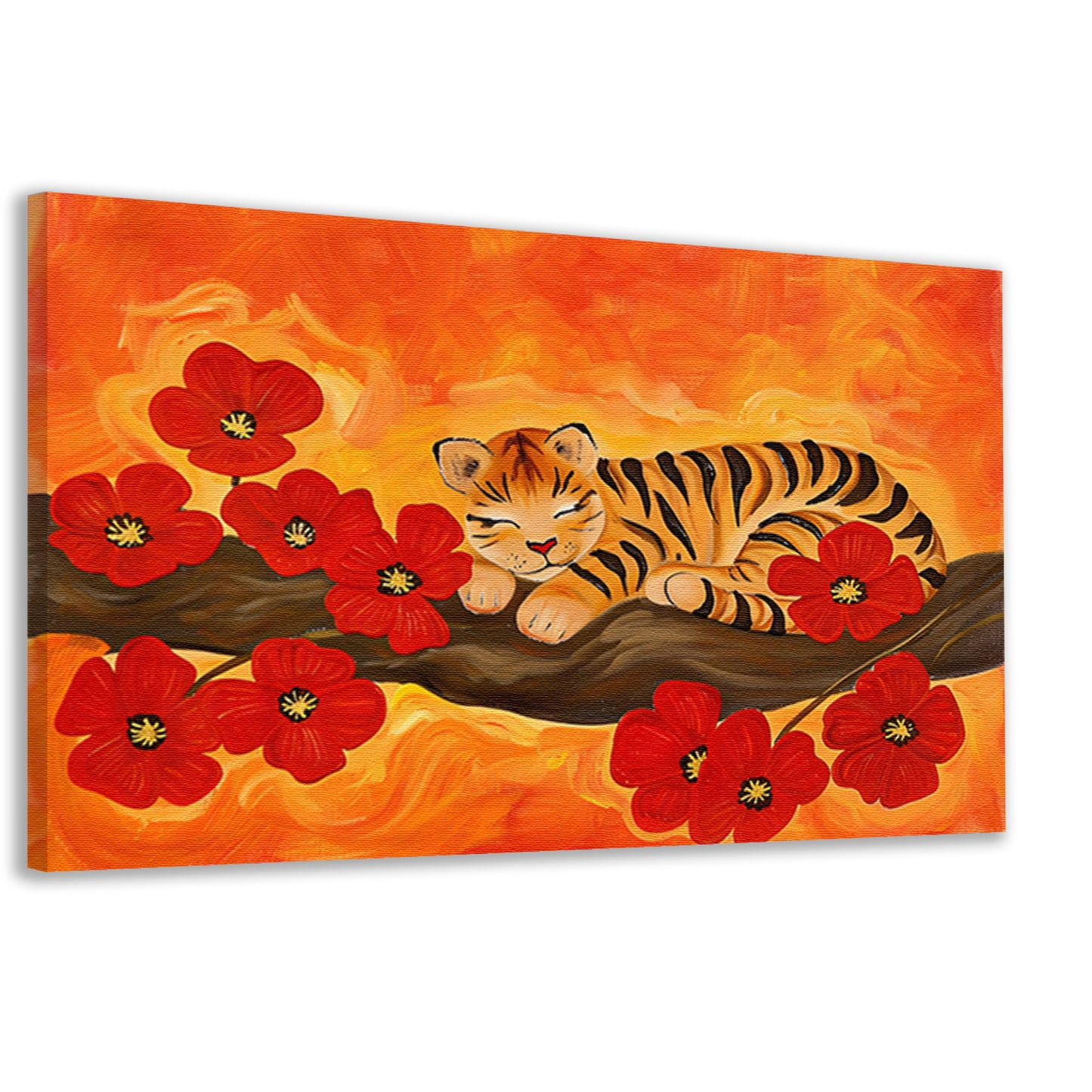 Slapende tijger omringd door rode bloemen canvas
