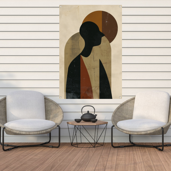 Abstract silhouet met geometrische vormen en neutrale kleuren tuinposter
