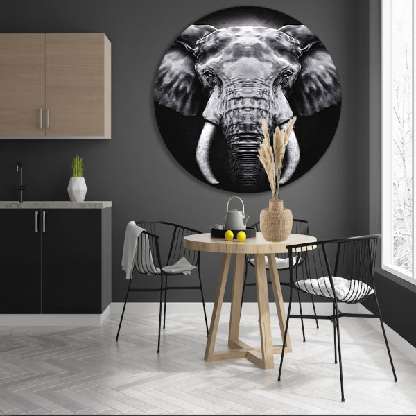 Olifant in monochroom zwart en wit aluminium muurcirkel