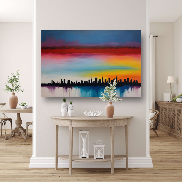 Levendige stedelijke zonsondergang in kleur poster